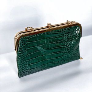 Green /Emerald Faux Leather Croc Crossbody Clutch